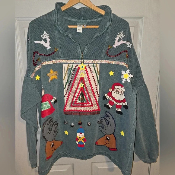 1 of a Kind Custom Handmade Ugly Christmas Sweater Bells Santa Women's XL XXL 2X - Picture 1 of 6